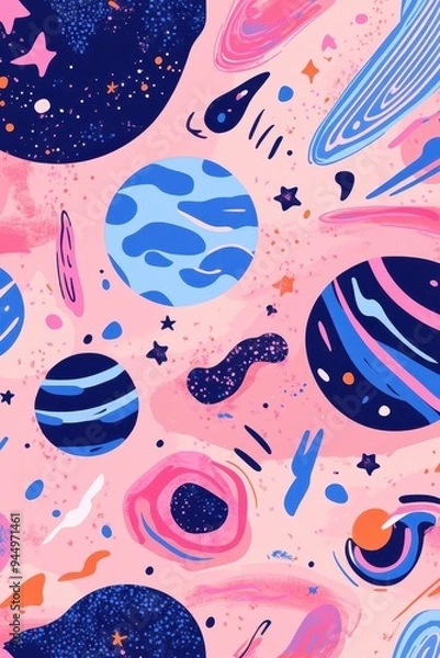 Fototapeta Illustration of different colorful planets in a stylish hand-drawn space scene design, adventurous background, professional artwork