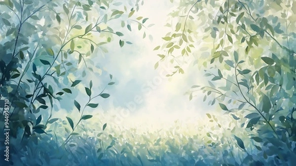 Fototapeta A serene view of sunlight filtering through leaves in a tranquil forest at dawn, creating a peaceful atmosphere