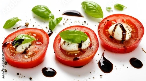 Fototapeta Three tomato slices with basil and balsamic dressing. The dish is colorful and appetizing. The balsamic dressing adds a tangy flavor to the tomatoes, while the basil provides a fresh.Generate ai.