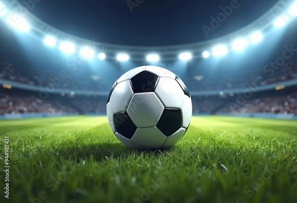Fototapeta A soccer ball on a green field with bright stadium lights in the background
