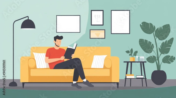 Fototapeta Flat vector graphic of a man on a sofa, reading a book, with a simple and modern living room