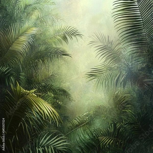Fototapeta Lush Jungle Backdrop with Dense Palm Leaves and Misty Atmosphere