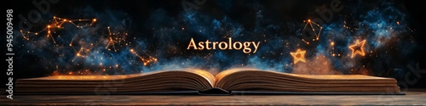 Obraz An enchanting open book representing astrology with constellations, ideal for educational or spiritual designs.