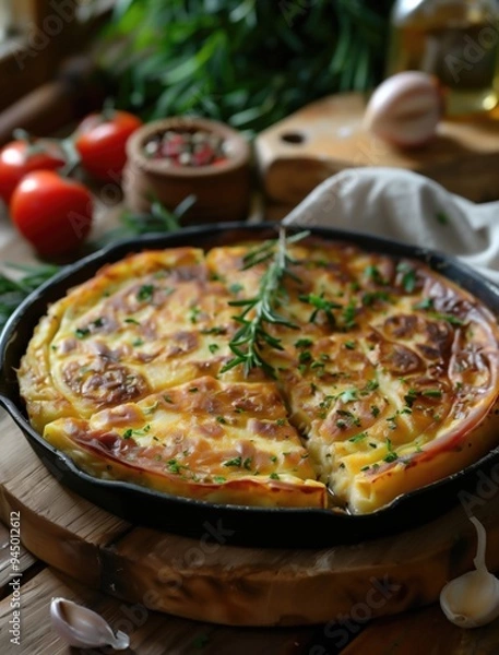 Fototapeta Rustic Tortilla Espanola, Spanish omelette close up on wooden table