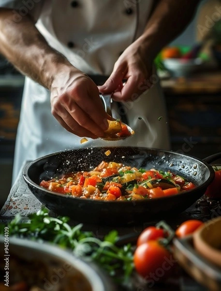 Fototapeta Professional Chef Preparing Colorful Mediterranean Pisto with Fresh Ingredients