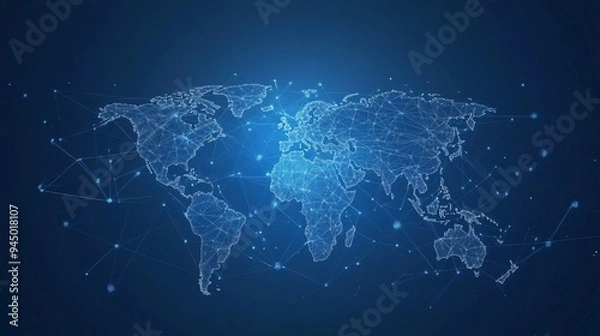 Fototapeta A digital world map on a blue background, showcasing global connectivity.