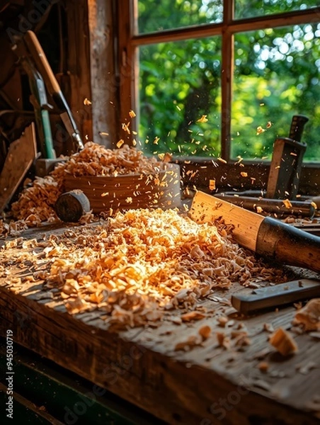 Fototapeta Sunlit woodworking scene showcasing shavings and tools on a rustic workbench, highlighting craftsmanship and creativity.
