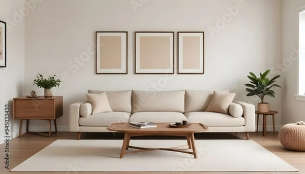 Fototapeta A minimalist living room with a large beige sofa, wooden coffee table, and a blank framed wall art.