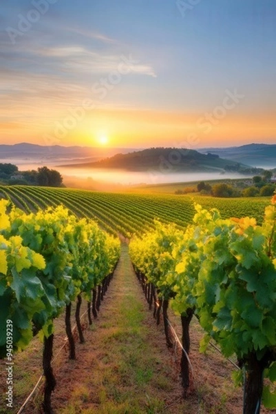 Fototapeta Vineyards bask under the golden sunrise in serene rolling hills during early morning mist