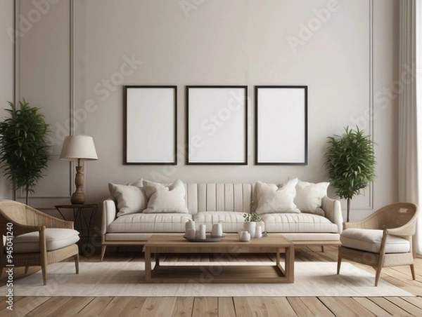 Fototapeta Minimalist Living Room Interior with White Sofa, Two Armchairs, and Three Empty Picture Frames