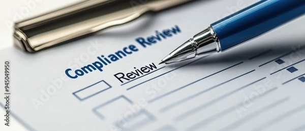 Fototapeta Close-up of a pen and clipboard with compliance review checklist. Business and auditing concept for organizational standards and regulations.