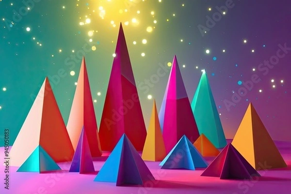 Fototapeta 3D Representation of Playful Geometric Silhouettes with Dispersion and Luminous Light Spectrum on a Vibrant Background