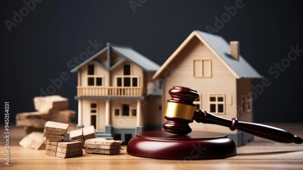 Fototapeta House model and hammer judge gavel on wooden table with dark background. Foreclosure, bankruptcy concept. Neural network ai generated art