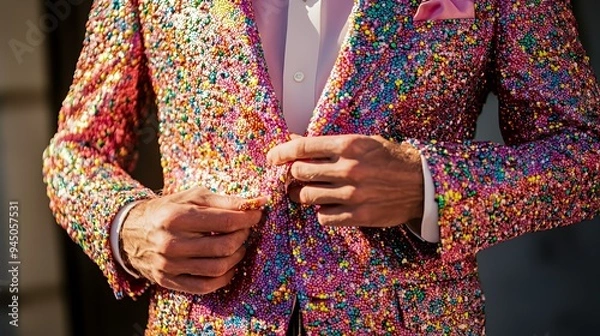 Fototapeta A close-up of a person adjusting a sparkling, colorful suit jacket.