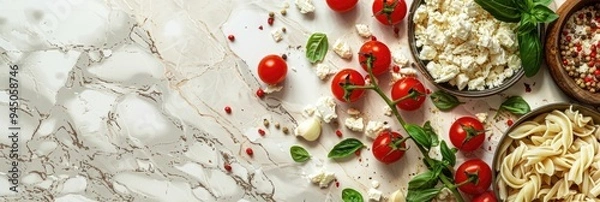 Fototapeta Bird's-eye view of a stylish Feta pasta dish featuring cherry tomatoes, feta cheese, garlic, and herbs, ideal for cooking tutorials with ample room for text.