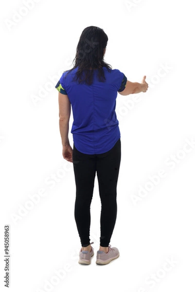 Fototapeta back view woman shaking hands with imaginary person on white background