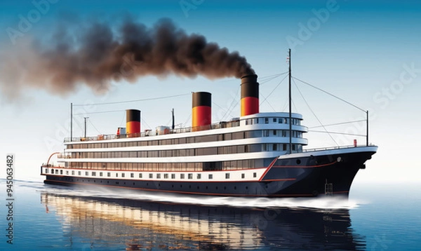 Fototapeta A large ship with black smoke billowing from its stacks sails across a calm ocean on a clear day