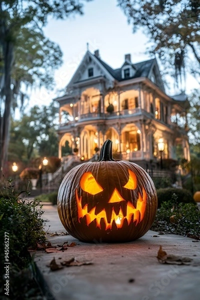 Fototapeta A carved pumpkin with a menacing face sits in front of a Victorian-style house during Halloween.