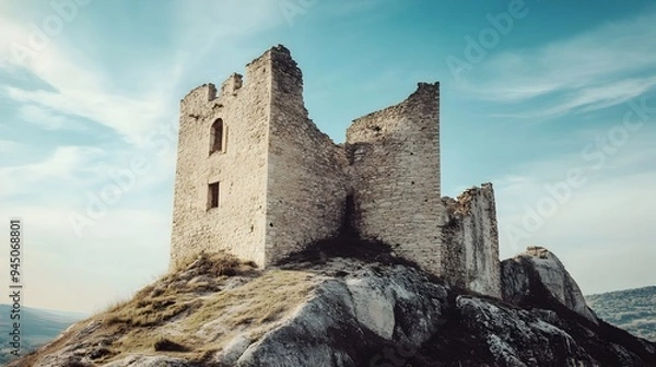 Fototapeta Majestic Ancient Stone Castle Fortress Perched Atop Scenic Hilltop with Cloudy Sky Backdrop in Countryside Landscape  Historical Medieval Architecture with Towers Turrets and Walls