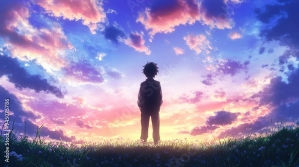 Fototapeta A solitary figure stands with his back turned, admiring a breathtaking sky painted with vibrant hues at dusk, surrounded by tranquil grassland