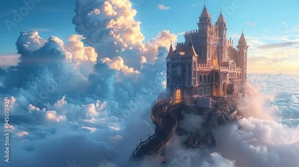 Fototapeta A floating castle amidst a sea of clouds, with staircases leading to nowhere and doors opening into the sky, creating a surreal and whimsical scene.