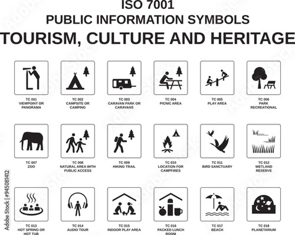 Fototapeta set of iso 7001 tourism, culture and heritage symbols on white background