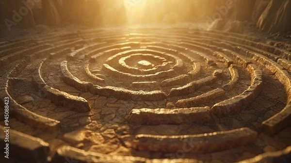 Fototapeta A sacred labyrinth carved into the earth, with winding paths leading to a central point and the air filled with the sound of chanting and prayer, evoking a sense of spiritual journey and discovery.