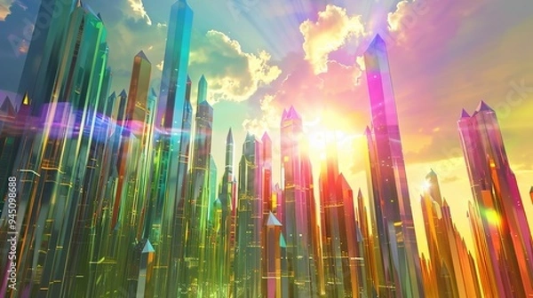 Fototapeta A surreal cityscape where buildings are made of crystal and light, refracting rainbow colors across the skyline in a dazzling display.