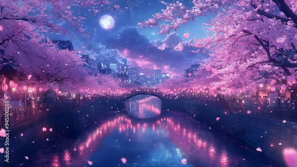 Obraz 桜並木 夜ライトアップ