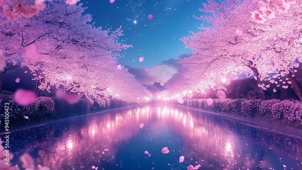 Obraz 桜並木 夜ライトアップ