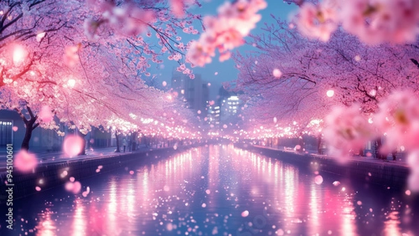 Obraz 桜並木 夜ライトアップ