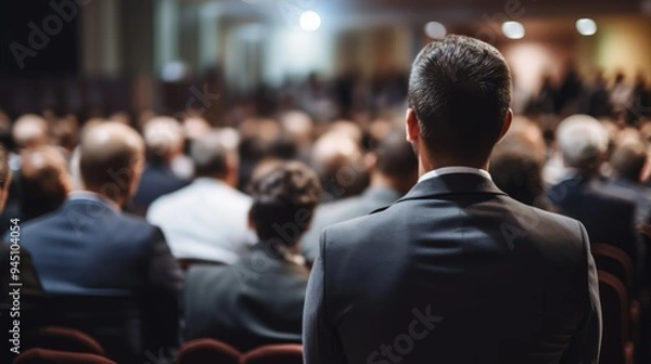 Fototapeta Business speaker giving a talk at business conference event. Neural network ai generated art