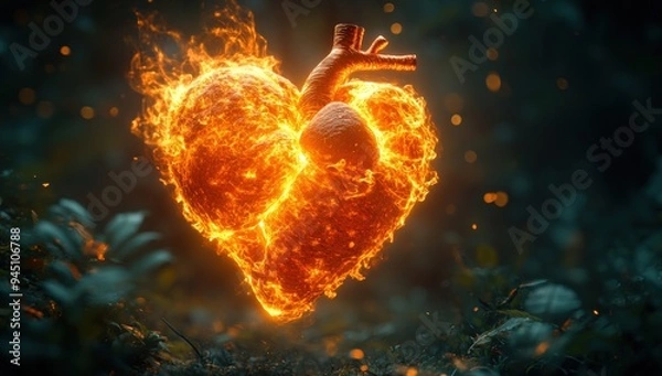 Fototapeta A fiery heart burns brightly in the heart of a dark, mystical forest.