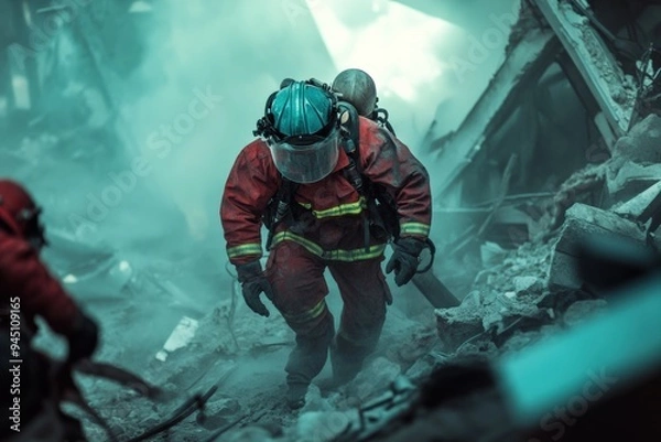 Fototapeta Firefighters in Action: Rescuing Earthquake Victims in the City's Disaster Zone