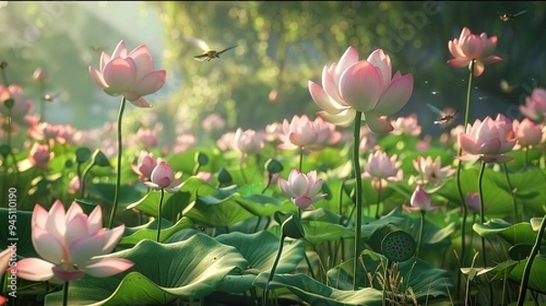 Fototapeta A tranquil garden filled with blooming lotus flowers, with the petals opening to reveal their inner beauty and the air filled with the sound of hummingbirds 