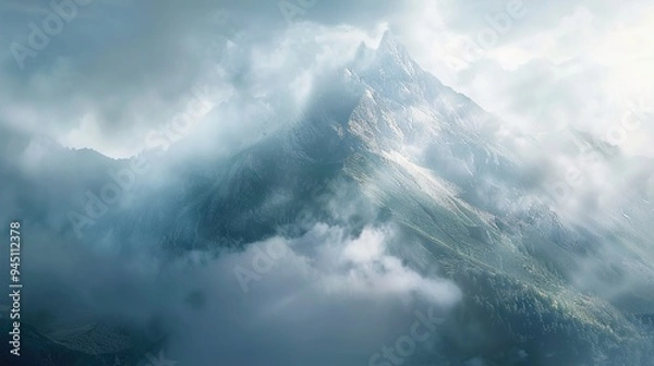 Fototapeta A tranquil mountain peak shrouded in mist, with sunlight breaking through the clouds and casting a heavenly glow over the rugged terrain below.