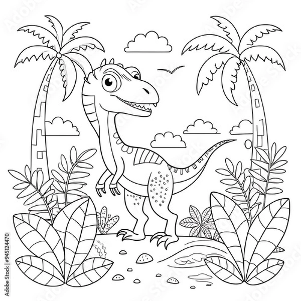 Fototapeta Lively Jungle Scene with Cartoon Dinosaur and Tropical Plants for Coloring

