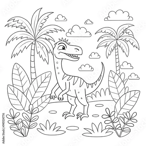 Fototapeta Lively Jungle Scene with Cartoon Dinosaur and Tropical Plants for Coloring

