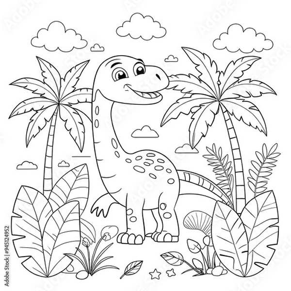 Fototapeta Lively Jungle Scene with Cartoon Dinosaur and Tropical Plants for Coloring

