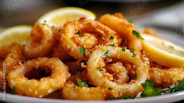 Fototapeta Hispanic Heritage Month: Golden Crispy Calamari with a Fresh Lemon and Herb Touch