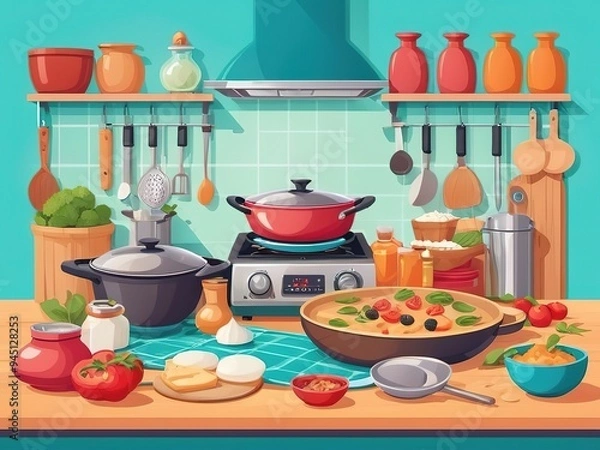 Obraz Vector illustration, cartoon kitchen table with cooking tools and ingredients