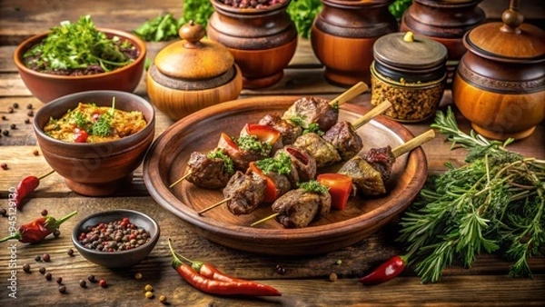Fototapeta Warm sunlight dances across wooden boards, infusing rustic pungency from terracotta pots of herbs and spices.