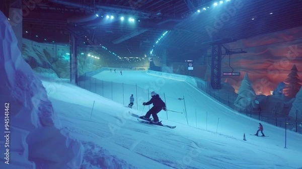 Fototapeta A thrilling adventure at Ski Dubai in the Mall of the Emirates. The scene features indoor skiing, snowboarding