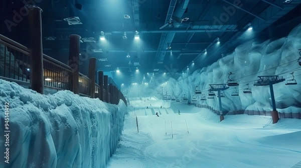 Fototapeta A thrilling adventure at Ski Dubai in the Mall of the Emirates. The scene features indoor skiing, snowboarding