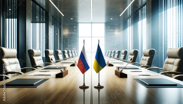 Fototapeta A modern conference room with Russia and Ukraine flags on a long table, symbolizing a bilateral meeting or diplomatic discussions between the two nations.