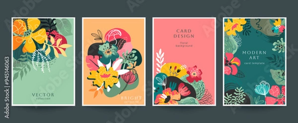 Fototapeta Set of four vector pre-made cards in modern style with nature motifs, flowers and leaves.