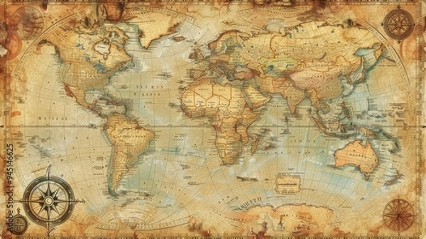 Fototapeta A vintage-style world map with intricate cartographic details. The map includes old-fashioned decorative elements