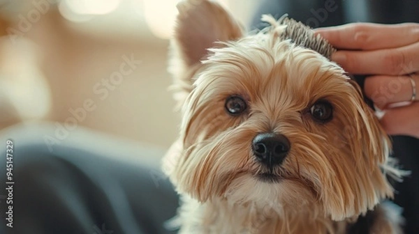 Obraz A person brushing their dogâ€™s fur, with a look of love and attention, and the pet visibly enjoying the grooming