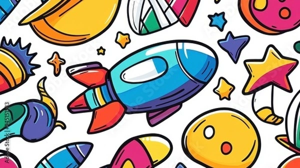Fototapeta Bright and fun graffiti art features galaxies, stars, and moons, perfect for kids spaces Let their imaginations soar
