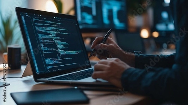 Obraz A software developer in a creative workspace, with a tablet for sketching code designs and a laptop displaying complex programming tasks